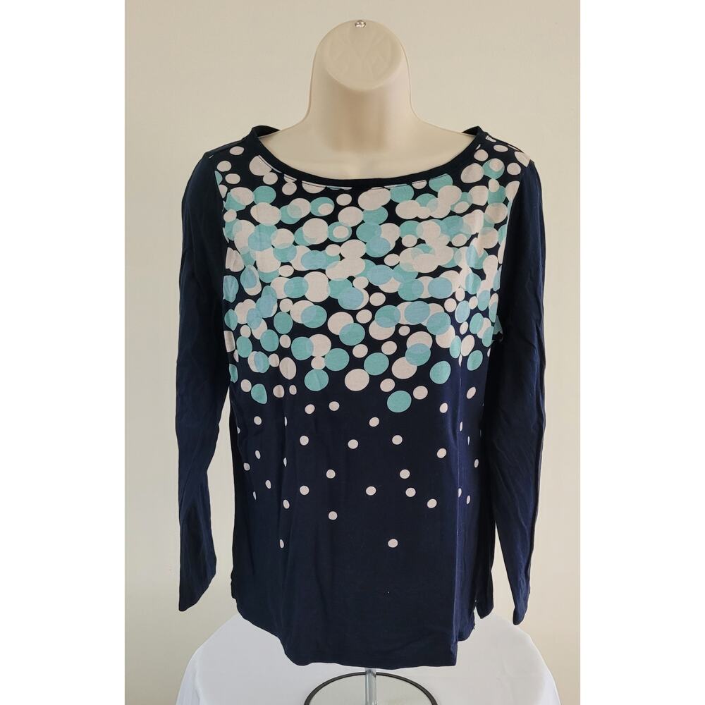 TALBOTS Women's Navy Blue Multicolor Polka Dots Long Sleeve Knit Shirt - Lg